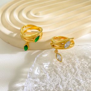 Inlay Zircon Leaves Pendant 18k Gold-plated Stainless Steel Wrap Multiple Layers Ring