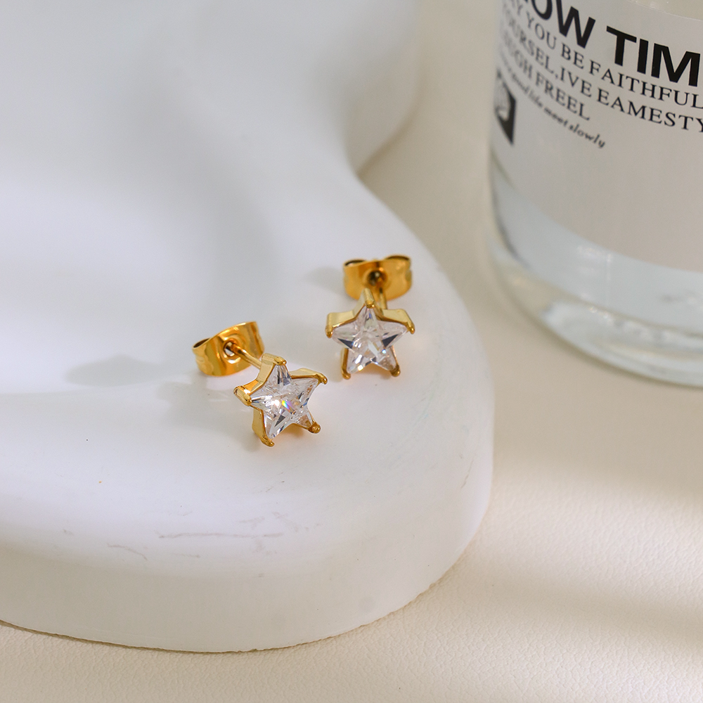 18K Gold Zircon Stone Stud Earrings Simple Star Geometric Design Trendy Daily Wear for Women Stainless Steel Earrings Wholesale - Image 3