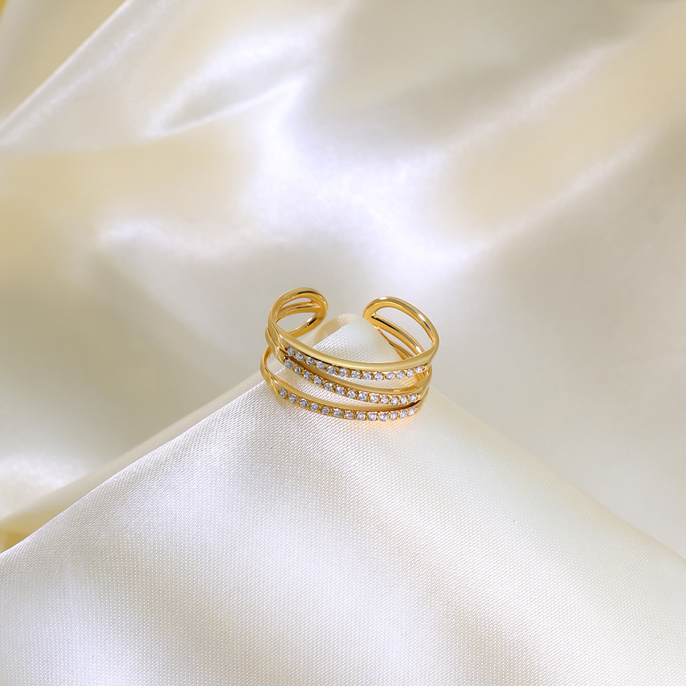 Three-layer Line Hollowed Open Ring Inlaid Zircon Simple Stainless Steel Plated 18K Gold Ring - Image 4