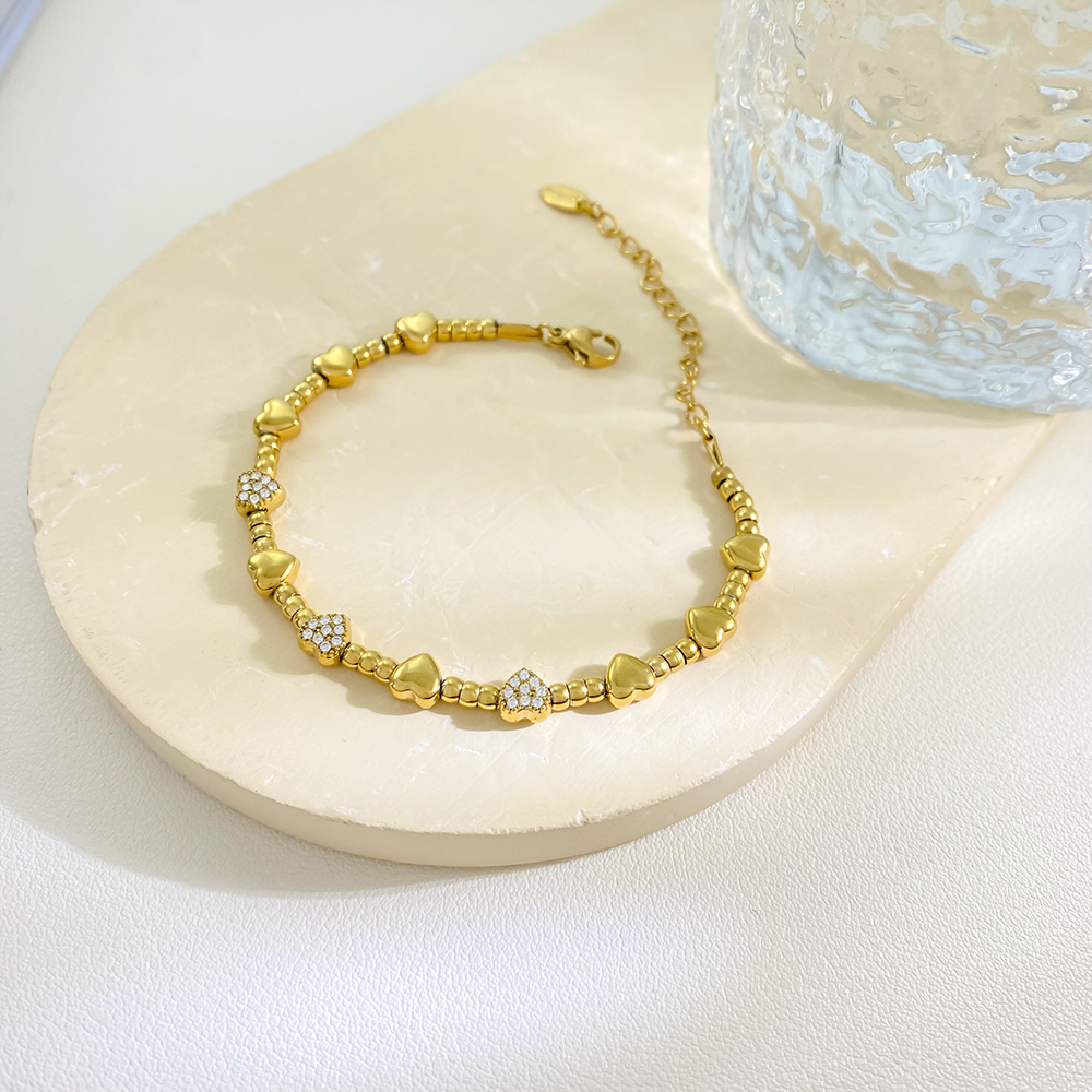 Flower Heart Beaded Bracelet Stainless Steel 18K Gold Plated Round Zirconia Charm Fashion Jewelry for Women Party Gift - Image 3