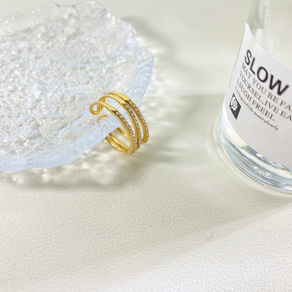 Three-layer Line Hollowed Open Ring Inlaid Zircon Simple Stainless Steel Plated 18K Gold Ring - Image 3