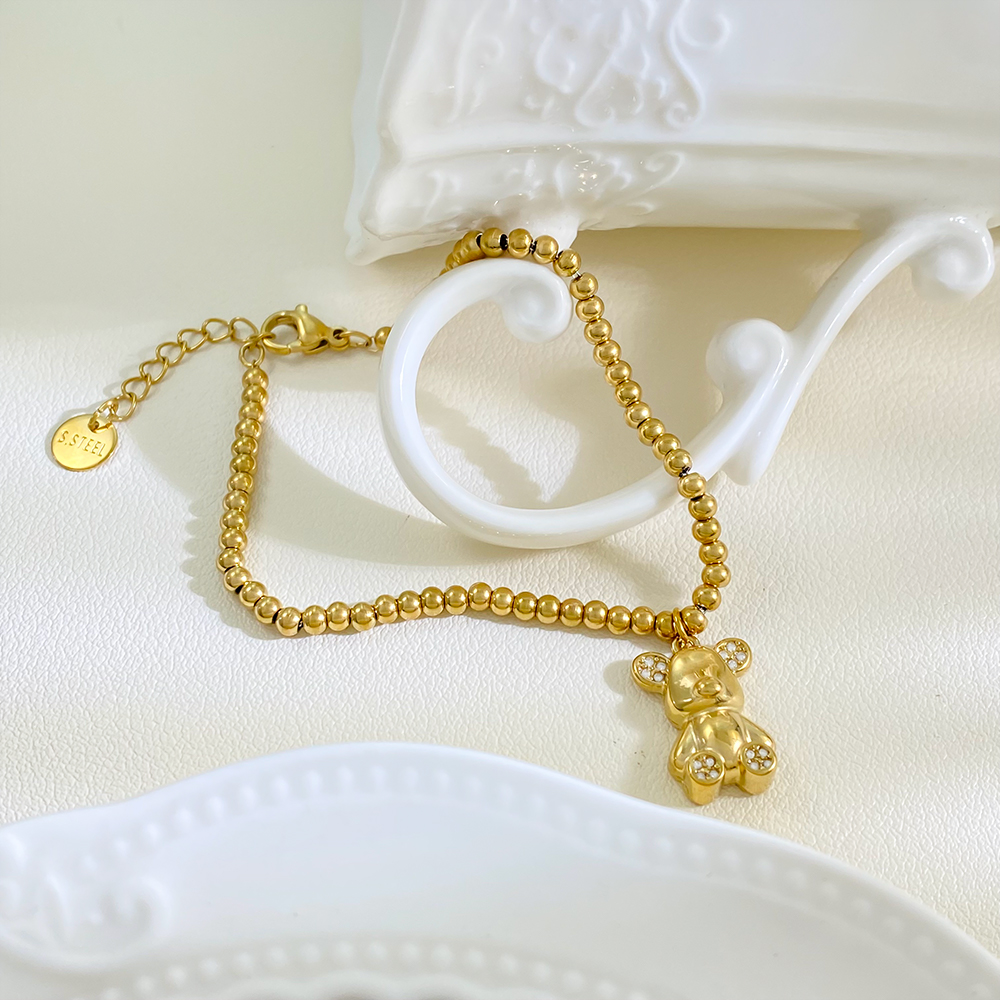 Fashion 5A Zircon Bear Pendant Bracelet Women's Stainless Steel Gold Plated 18k Beaded Bracelet - Image 3