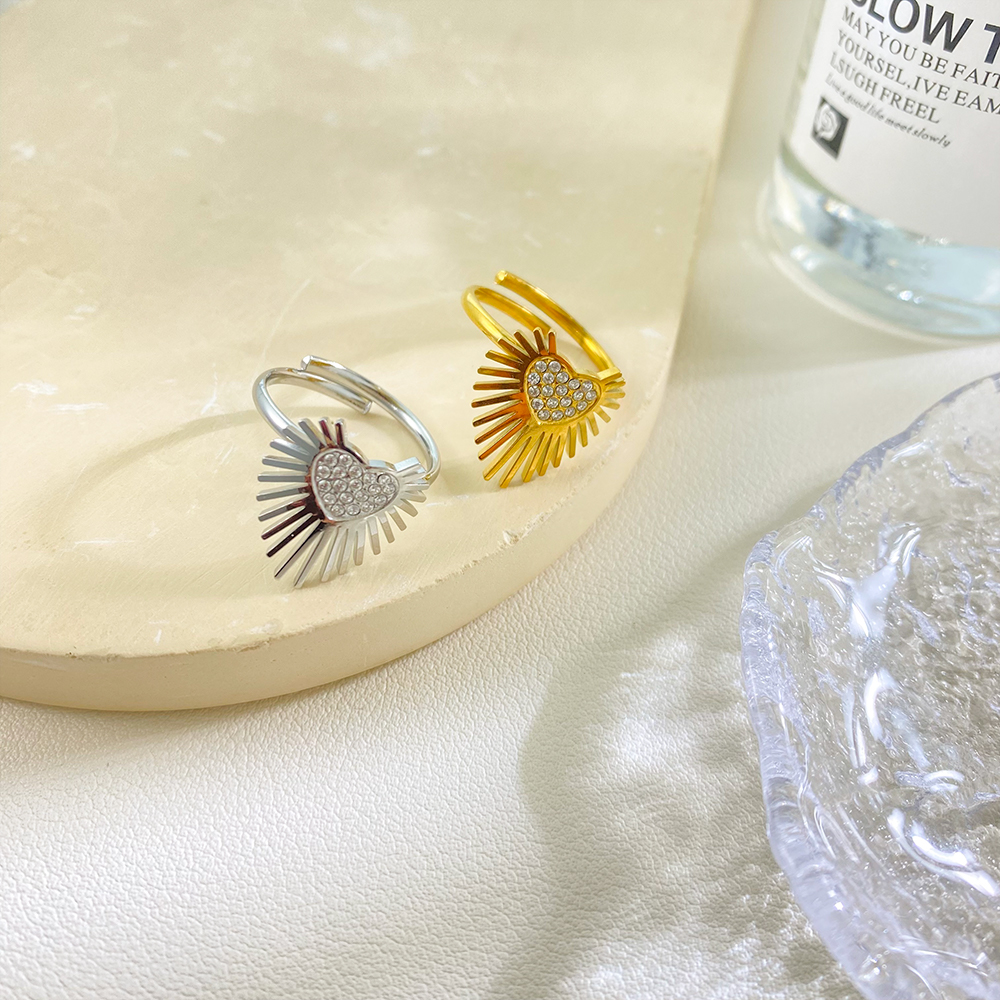 18K Gold Plated Sunburst Heart Ring Stainless Steel 5A Zircon Adjustable Ring Waterproof - Image 3