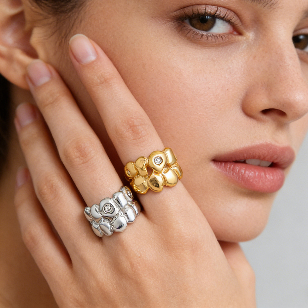 Chunky Irregular Block Shape Double Layer Fashion Rings Gold Plated Engagement Jewelry Stainless Steel Rings - Image 4