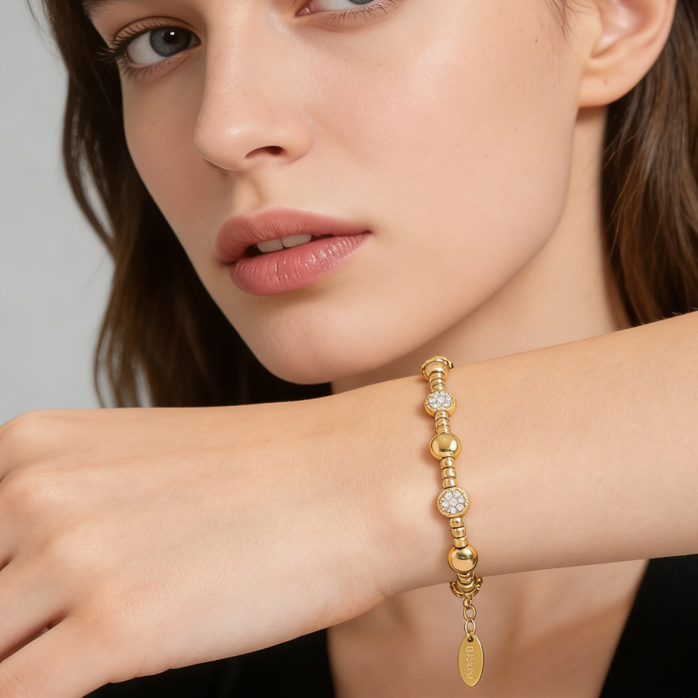 Flower Heart Beaded Bracelet Stainless Steel 18K Gold Plated Round Zirconia Charm Fashion Jewelry for Women Party Gift - Image 4