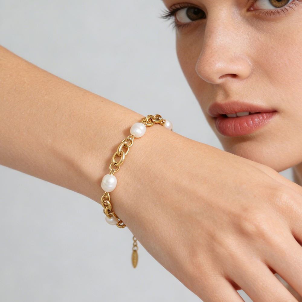 Hot-selling 18K Gold Plated Stainless Steel Chain Bracelet Fashion Jewelry Natural Freshwater Pearl Bracelets - Image 4