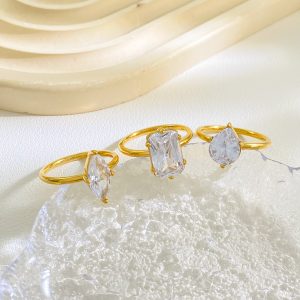 Wholesale 18K Gold Plated Droplet Shaped square Geometry Zirconia Dainty Stainless Steel Rings for Women