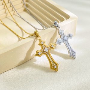 Trendy 18K PVD Stainless Steel Shiny Cubic Zircon Cross Pendant Necklace for Women Fashion Jewelry Gift