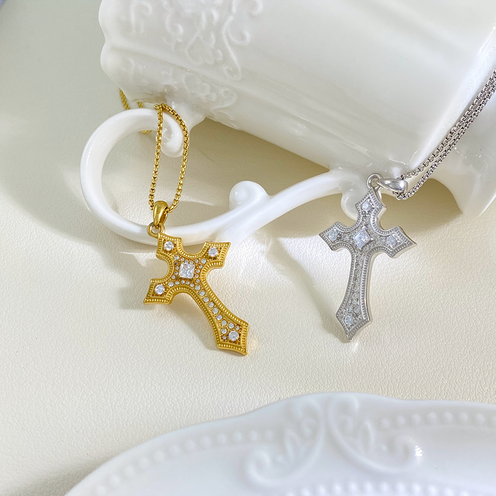 Trendy 18K PVD Stainless Steel Shiny Cubic Zircon Cross Pendant Necklace for Women Fashion Jewelry Gift - Image 2