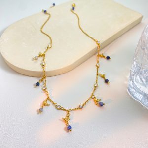 18k Gold-plating Stainless Steel Creative Tassel Natural Lapis Lazuli Pendant Necklace