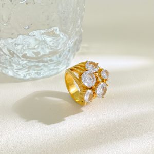 Luxury Ring 18K PVD Gold Plated Stainless Steel Zircon Waterproof Ring for Women Gift