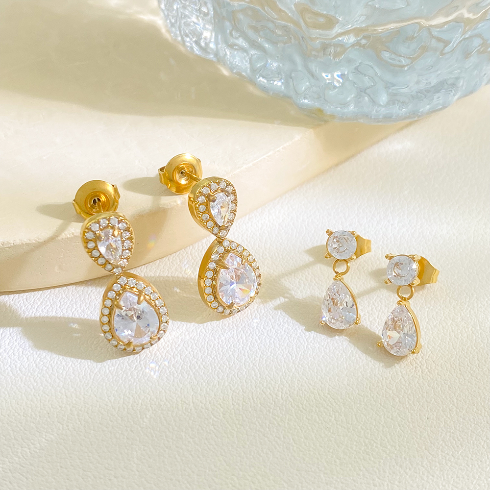 Water Droplet Shape Clear Zircon Stones Dangle Earrings Handmade Gold-plated Stainless Steel Earrings Wholesale