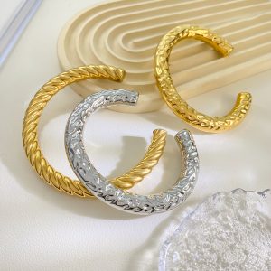 Chunky Threaded lava Opening Bangle 18K Gold Plated Stainless Steel Twists Bracelet
