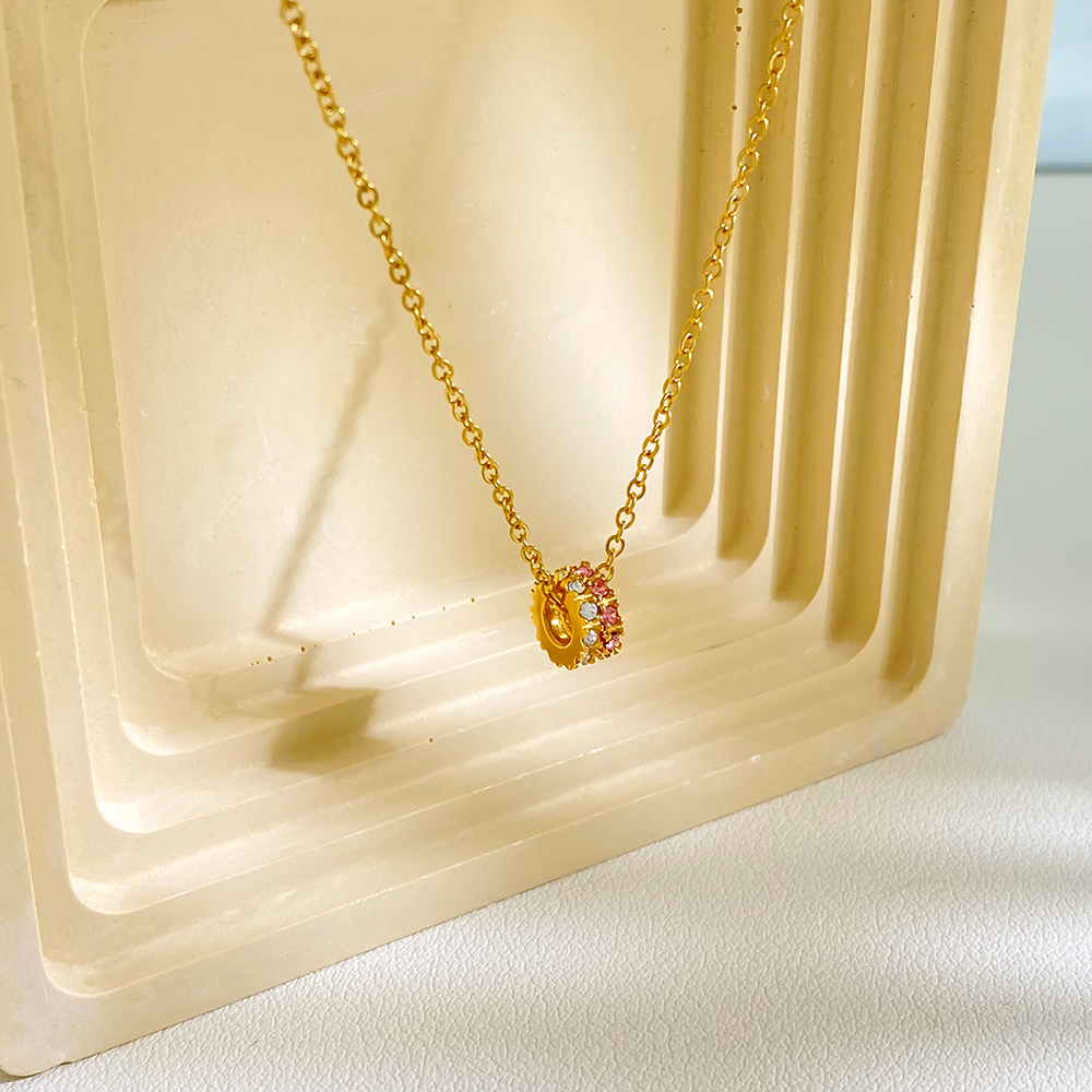 Wholesale Fancy Stainless Steel Round Hoop&Gold Color Chain Shiny Delicate CZ StonePendant Necklace With for Women Party - Image 3