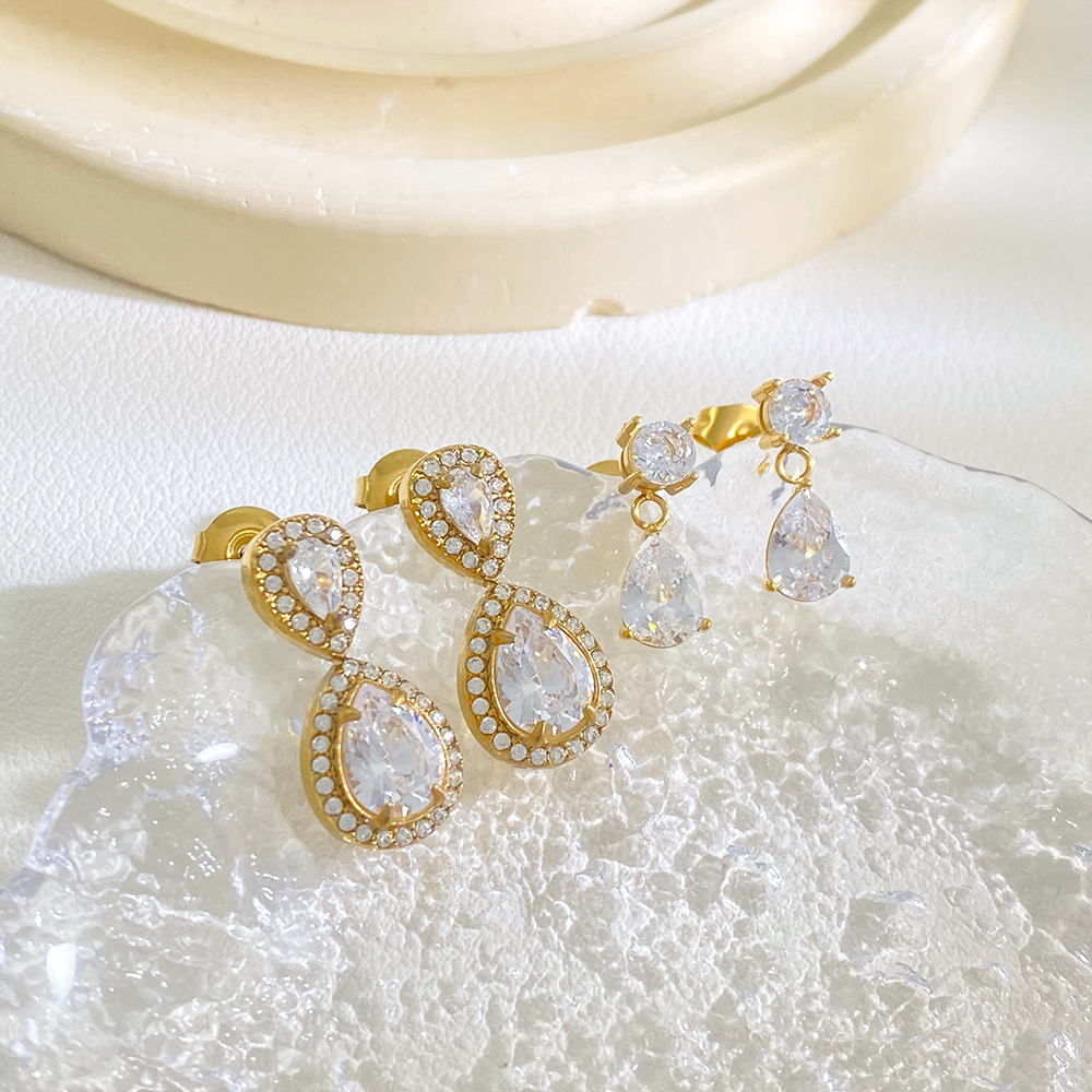 Water Droplet Shape Clear Zircon Stones Dangle Earrings Handmade Gold-plated Stainless Steel Earrings Wholesale - Image 2