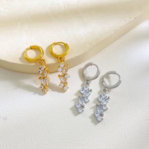18K Gold Plated Wholesale Waterproof Elegant 5A Wheat Ear Shaped Pendant Zirconia Earring Stainless Steel Earrings Wholesale