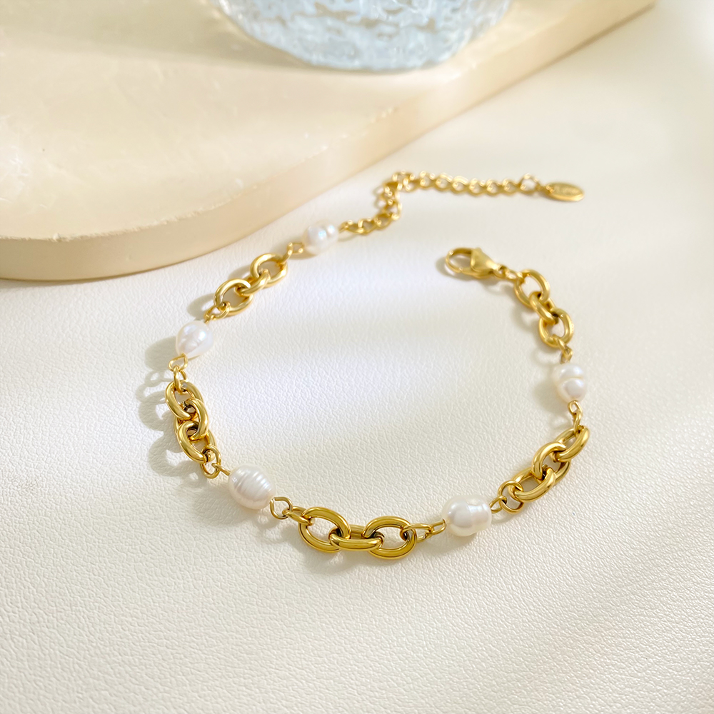 Hot-selling 18K Gold Plated Stainless Steel Chain Bracelet Fashion Jewelry Natural Freshwater Pearl Bracelets - Image 2