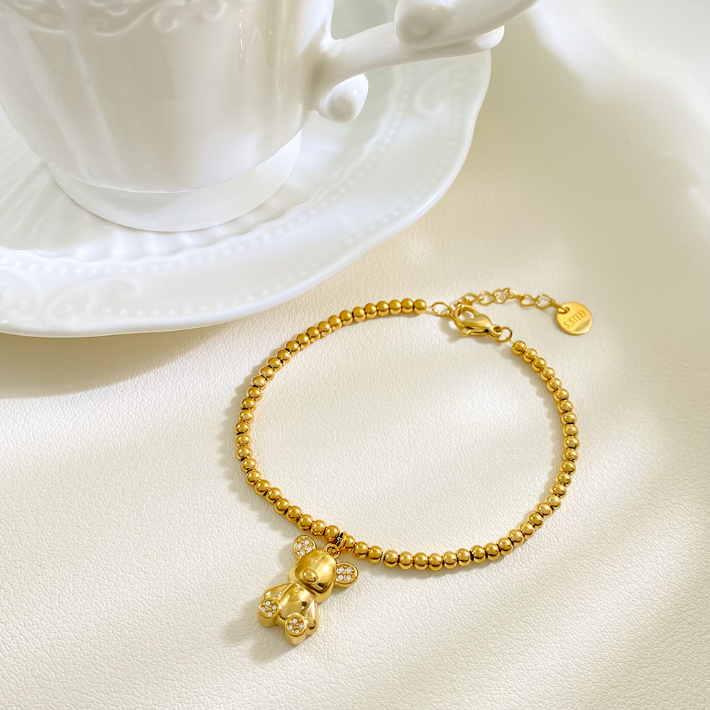 Fashion 5A Zircon Bear Pendant Bracelet Women's Stainless Steel Gold Plated 18k Beaded Bracelet