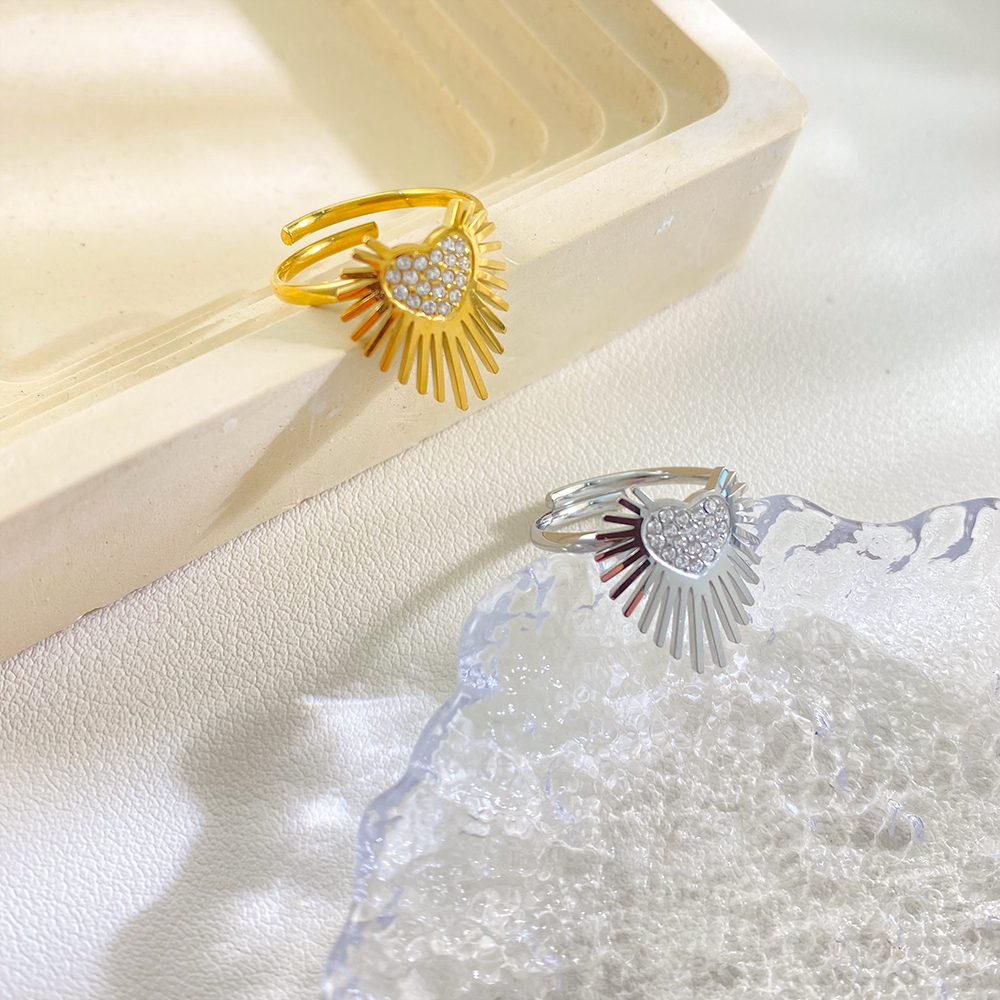 18K Gold Plated Sunburst Heart Ring Stainless Steel 5A Zircon Adjustable Ring Waterproof - Image 2