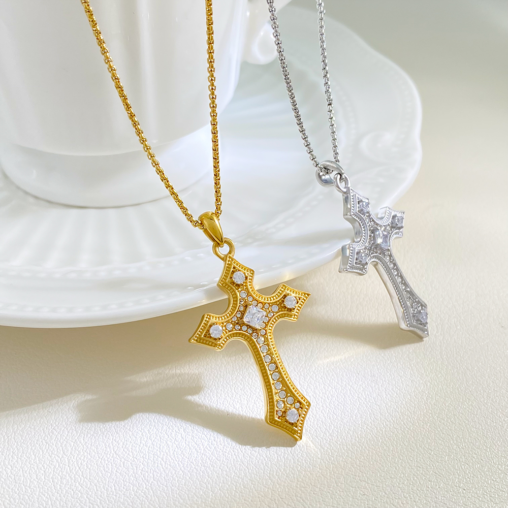 Trendy 18K PVD Stainless Steel Shiny Cubic Zircon Cross Pendant Necklace for Women Fashion Jewelry Gift - Image 4