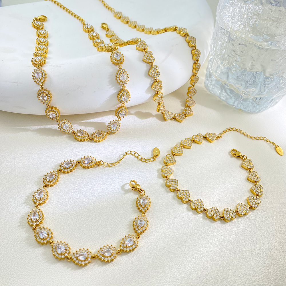 Luxury Popular Premium Jewelry Recommend High-Grade Bling Shiny Heart/Water Drop Zircon Waterproof Necklace Bracelet Set Gift