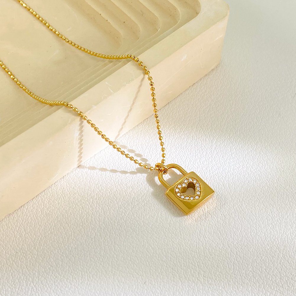 Stainless Steel 18k Zircon Love Lock Pendant Necklace Wedding Jewelry - Image 3