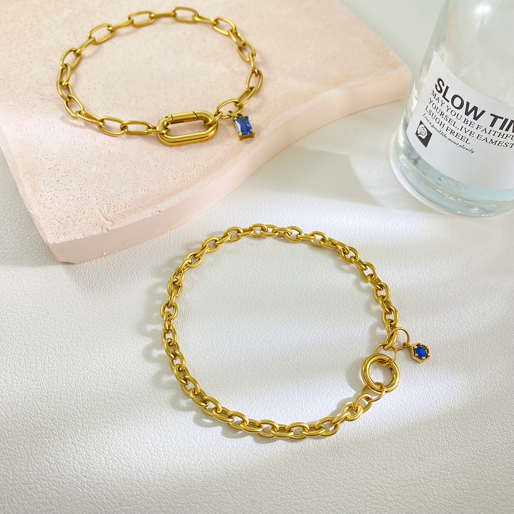 18K Plated Stainless Steel Geometric Blue Pendant Bracelet Gold Color-Preserving DIY Circular Buckle Chain Bracelet for Gift