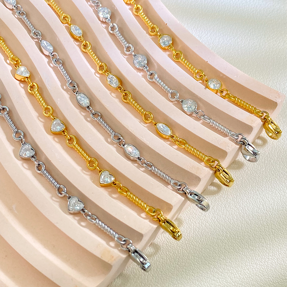 Adjustable Inlaid White Zirconium Heart-shaped Circular Oval Stainless Steel Bracelet - Image 2