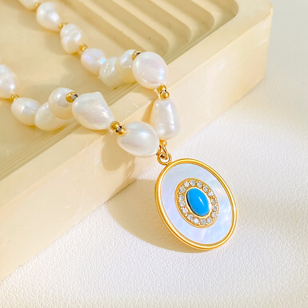 Fashion Natural Stone Cubic Zircon Pendant Necklace Vintage Stainless Steel Pearl Chain Waterproof Luxury Jewelry