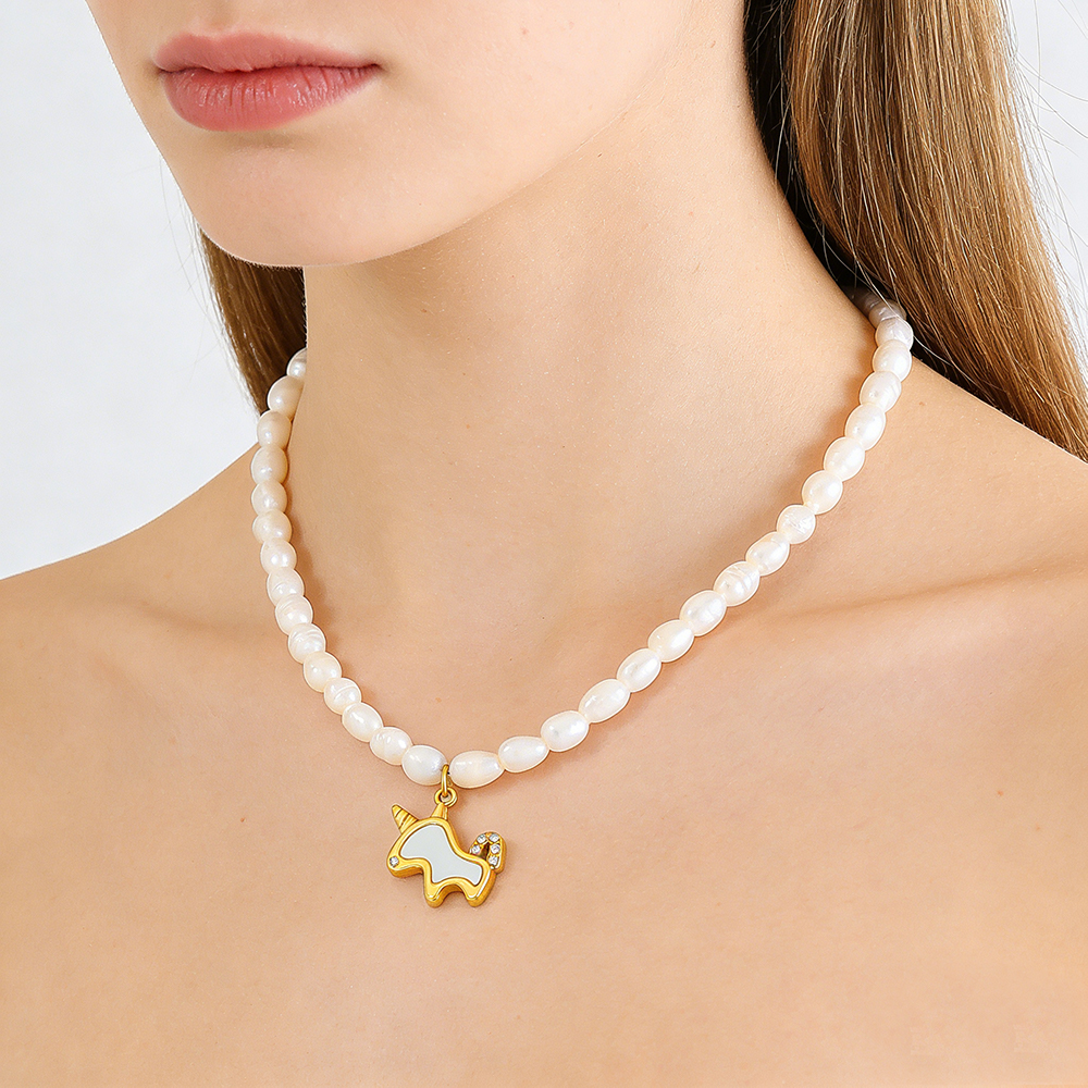 Stainless Steel New Fashion Gold Plated Charm Natural Freshwater Pearl unicorn Pendant Necklaces Sweet Jewelry - Image 4