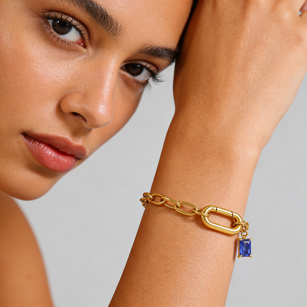 18K Plated Stainless Steel Geometric Blue Pendant Bracelet Gold Color-Preserving DIY Circular Buckle Chain Bracelet for Gift - Image 5