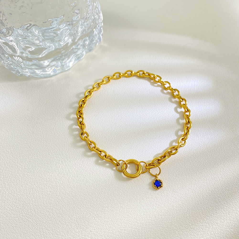 18K Plated Stainless Steel Geometric Blue Pendant Bracelet Gold Color-Preserving DIY Circular Buckle Chain Bracelet for Gift - Image 2