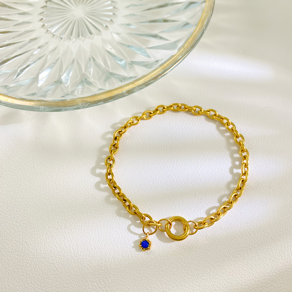 18K Plated Stainless Steel Geometric Blue Pendant Bracelet Gold Color-Preserving DIY Circular Buckle Chain Bracelet for Gift - Image 4