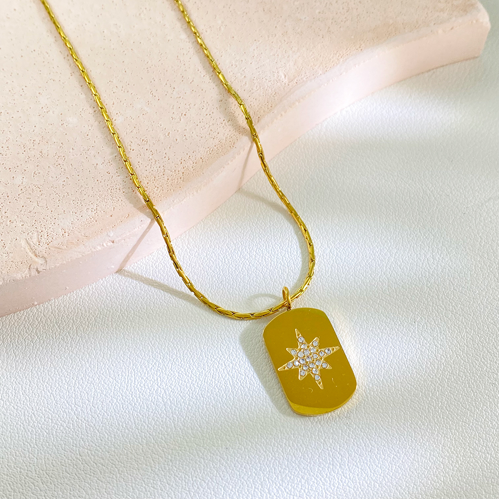 Vintage ZIRCON studded Octagonal Star Charm Necklace Stainless Steel Geometric Shape Titanium Steel Pendant Necklace Accessory