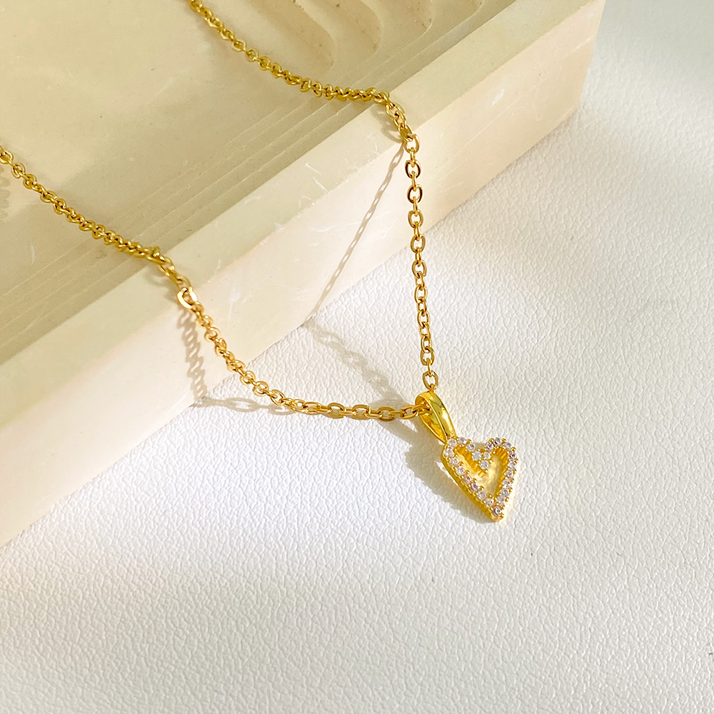 18K Gold Plated Stainless Steel Tarnish Free Hollow Paved Zircon Heart Pendant Charm Necklace for Women Jewelry - Image 2