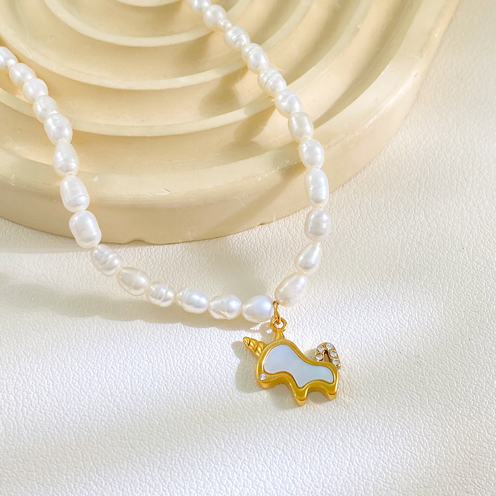 Stainless Steel New Fashion Gold Plated Charm Natural Freshwater Pearl unicorn Pendant Necklaces Sweet Jewelry