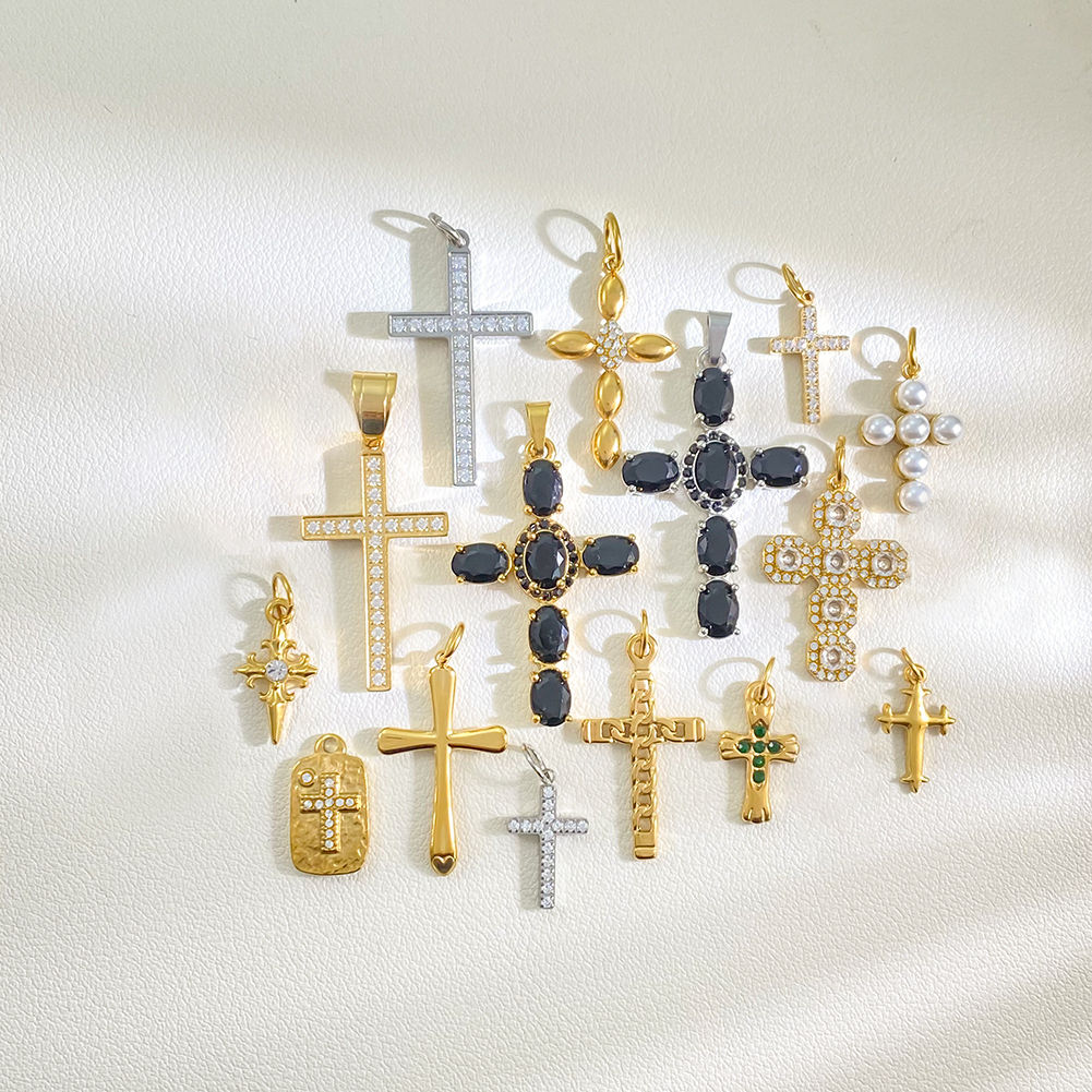 Cross Series Diy Jewelry Accessories Gold Plated Shiny Zircon Pendant Pearl Cross Stainless Steel Charms Wholesale - Image 2