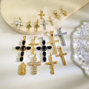 Cross Series Diy Jewelry Accessories Gold Plated Shiny Zircon Pendant Pearl Cross Stainless Steel Charms Wholesale