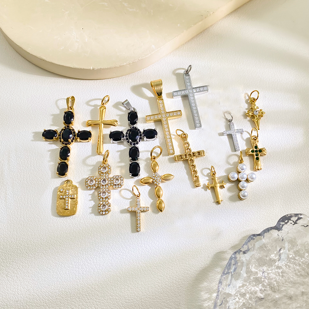 Cross Series Diy Jewelry Accessories Gold Plated Shiny Zircon Pendant Pearl Cross Stainless Steel Charms Wholesale - Image 3