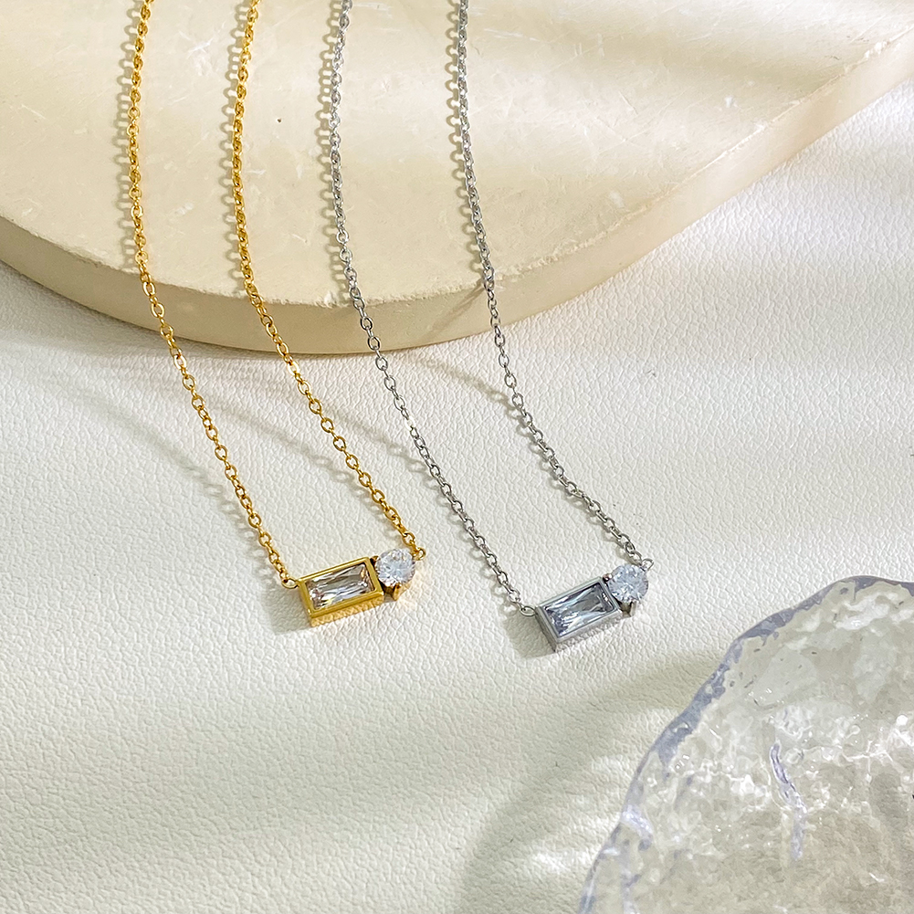 Geometric Shape Casting Shining Zircon Pendant Necklace Stainless Steel Fine Chain Hypoallergenic Necklace - Image 2