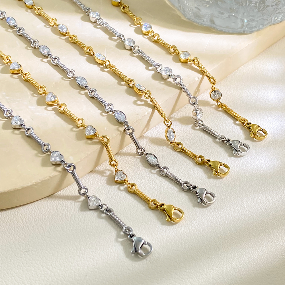 Adjustable Inlaid White Zirconium Heart-shaped Circular Oval Stainless Steel Bracelet