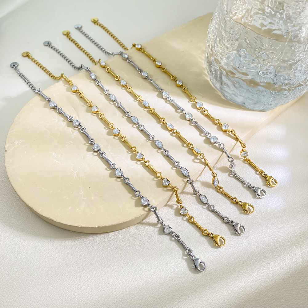 Adjustable Inlaid White Zirconium Heart-shaped Circular Oval Stainless Steel Bracelet - Image 3