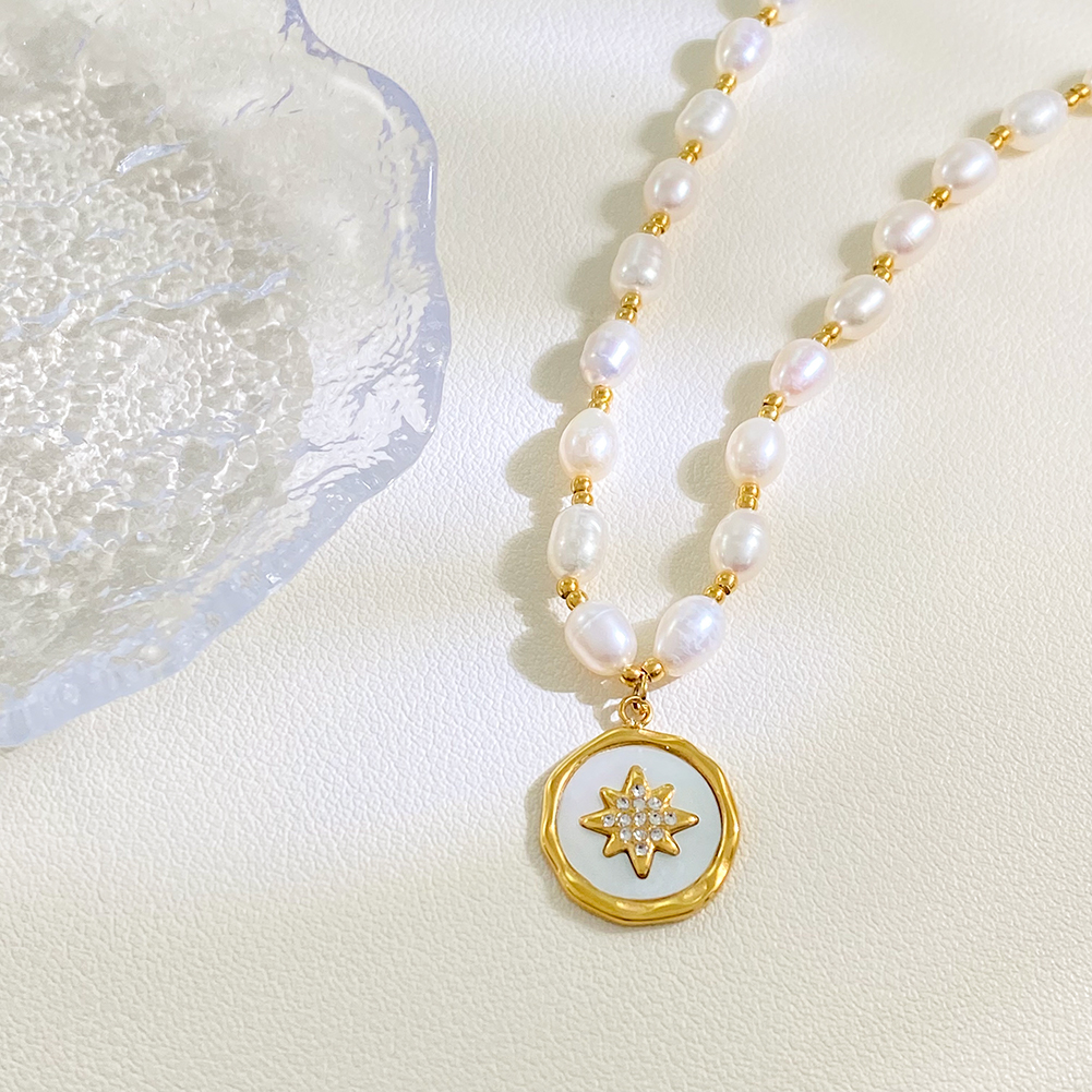 Fashion 18k Gold Plated Pearl Collarbone Necklace Statement Stainless Steel Beaded Jewelry Round Pendant Necklace for Women - Image 3