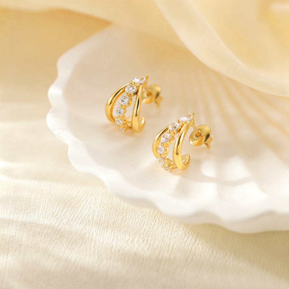 Fashion 3 Layers Hollow CZ Earring 18k Gold Plated Stainless Steel Earrings Wholesale - Image 2