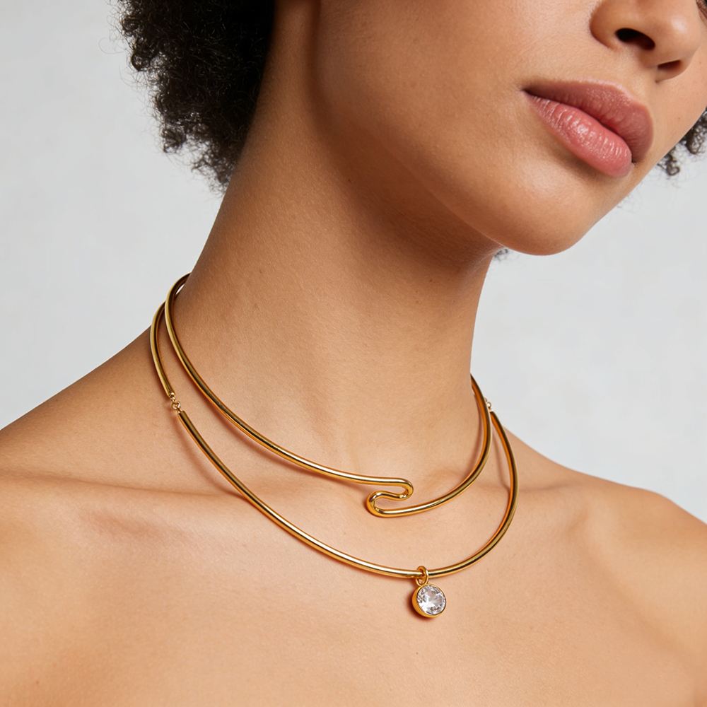 18K PVD Gold Plate Stainless Steel Necklace Classic White Circle Shaped Zircon Pendant Choker Necklace - Image 5