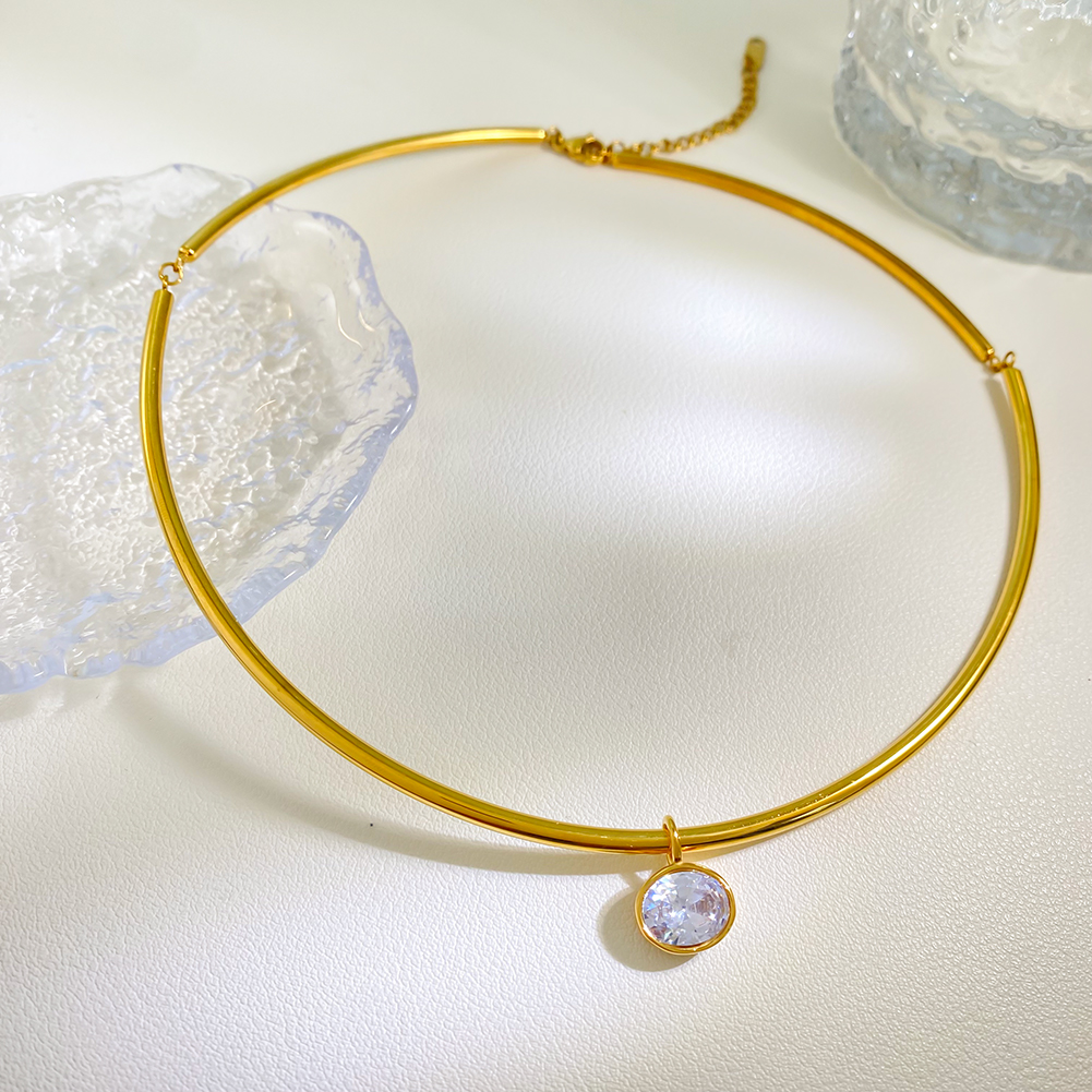 18K PVD Gold Plate Stainless Steel Necklace Classic White Circle Shaped Zircon Pendant Choker Necklace