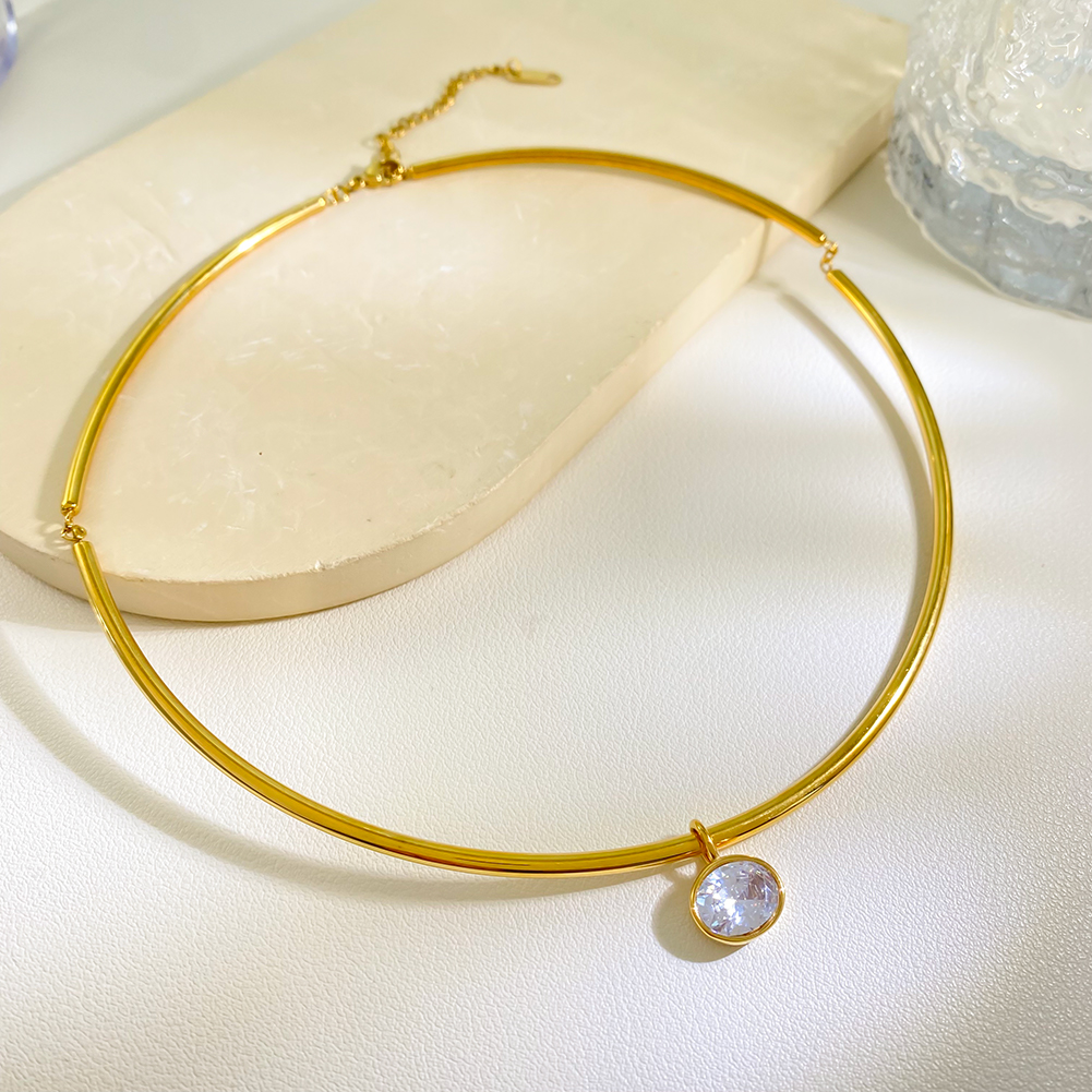 18K PVD Gold Plate Stainless Steel Necklace Classic White Circle Shaped Zircon Pendant Choker Necklace - Image 2