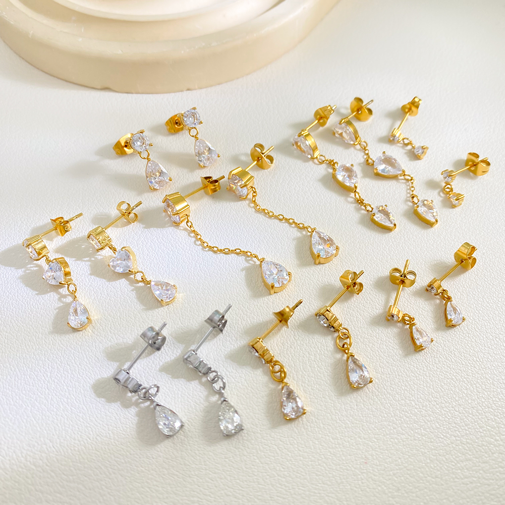 Tassel Zircon Teardrop Pendant Earrings 18k Gold Plated Waterproof WaterDrop Pendant Earrings Stainless Steel Earrings Wholesale - Image 3