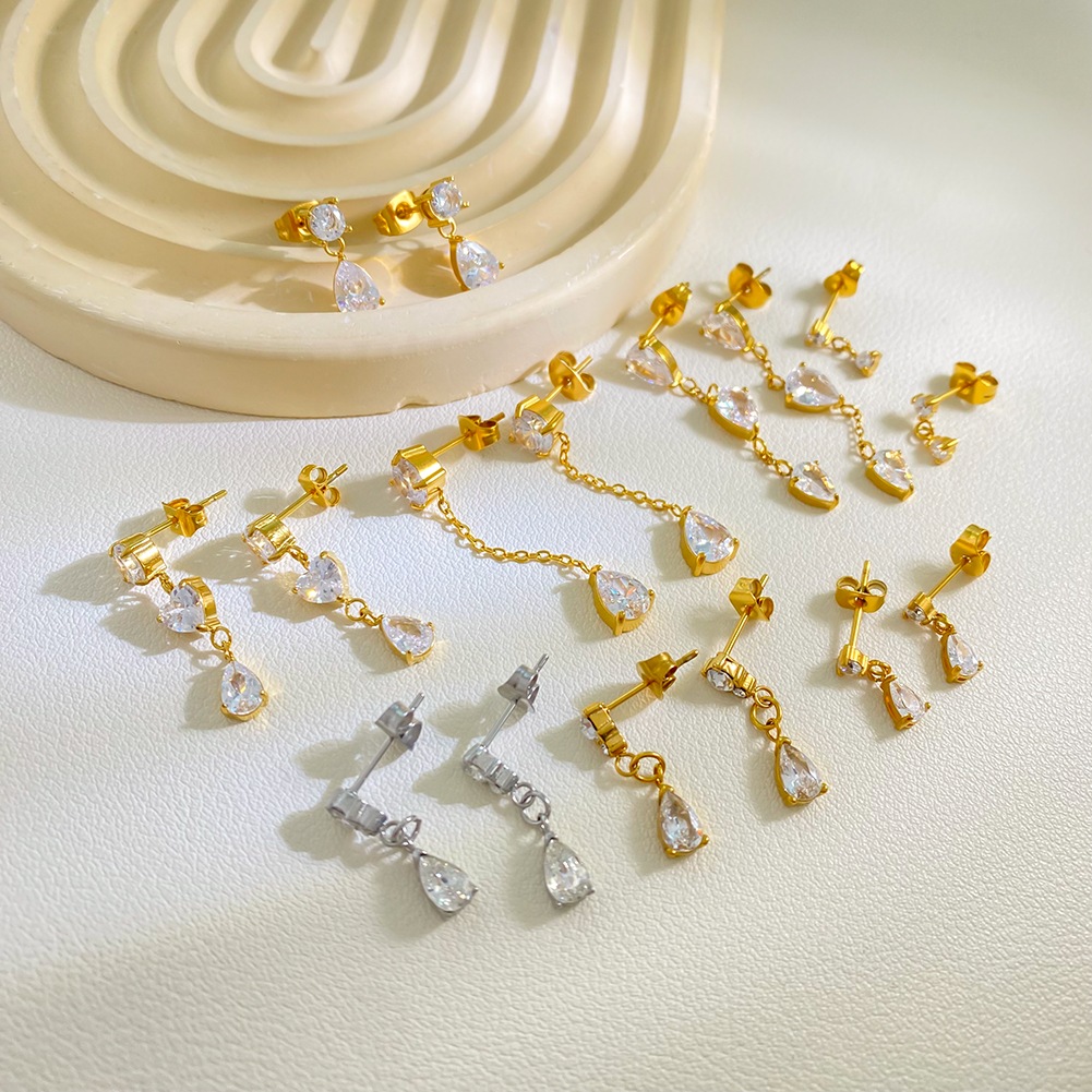 Tassel Zircon Teardrop Pendant Earrings 18k Gold Plated Waterproof WaterDrop Pendant Earrings Stainless Steel Earrings Wholesale - Image 2