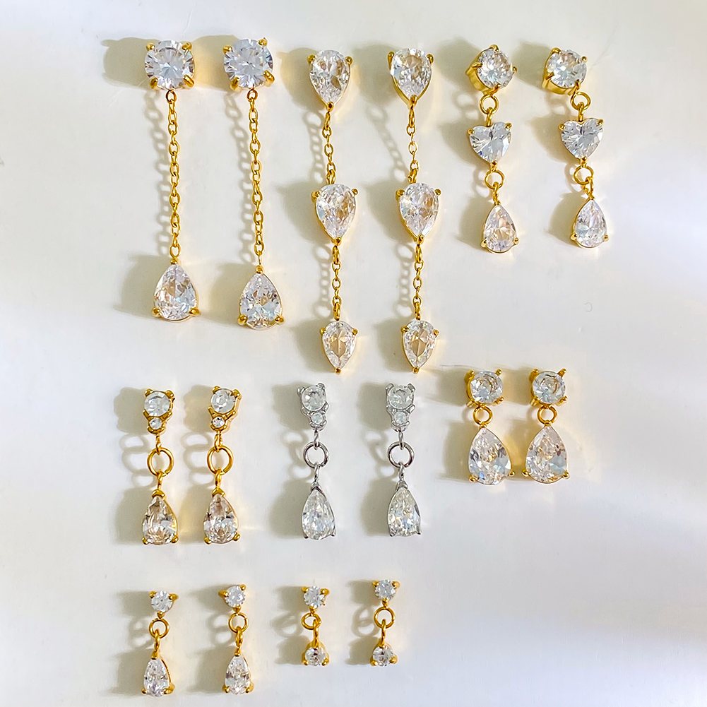 Tassel Zircon Teardrop Pendant Earrings 18k Gold Plated Waterproof WaterDrop Pendant Earrings Stainless Steel Earrings Wholesale